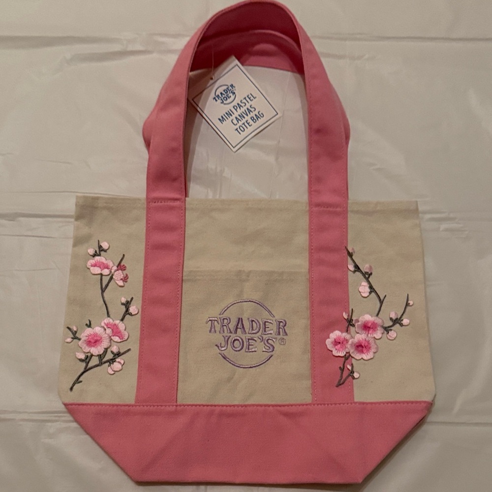 Trader Joe’s Pink and Cream Canvas Tote with cherry blossom iron ons